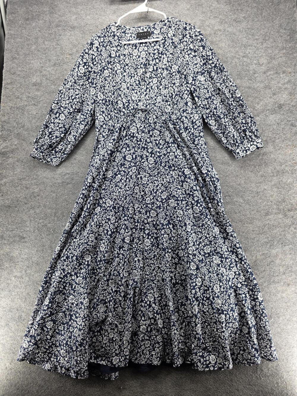 Hatch Dress Womens 2 Blue White Floral Cotton Lined Tiered 3/4 Sleeve Boho Flowy